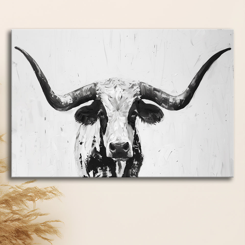 Black And White Longhorn Cow Portrait Knife Oil Paing V1, Canvas Print Wall Art Home Decor