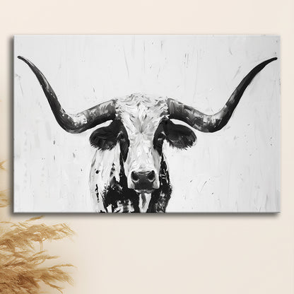 Black And White Longhorn Cow Portrait Knife Oil Paing V1, Canvas Print Wall Art Home Decor