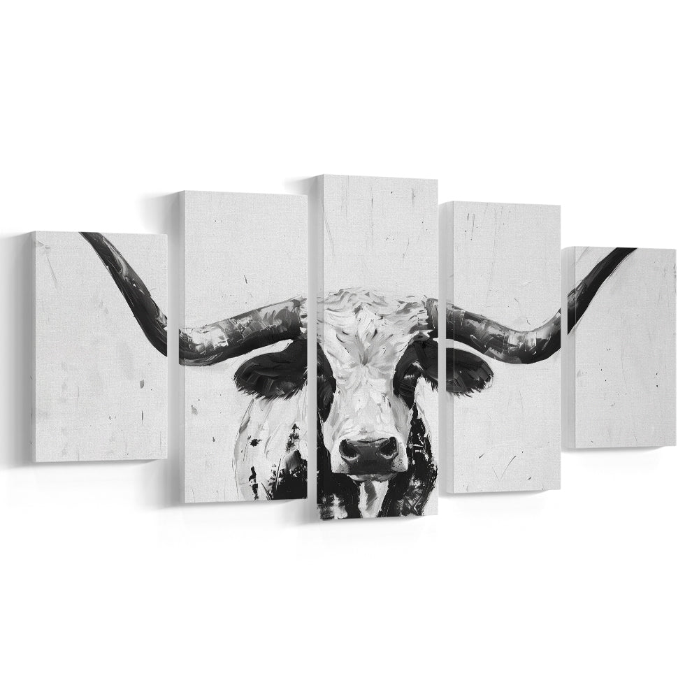 Black And White Longhorn Cow Portrait Knife Oil Paing V1, Mixed Panels Canvas Print Wall Art