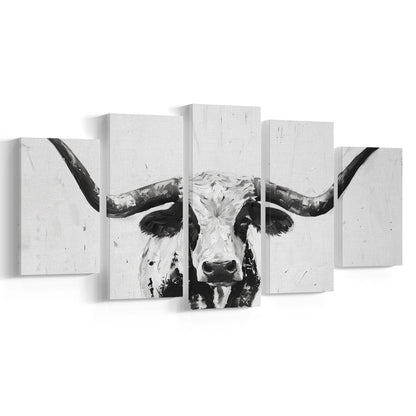 Black And White Longhorn Cow Portrait Knife Oil Paing V1, Mixed Panels Canvas Print Wall Art
