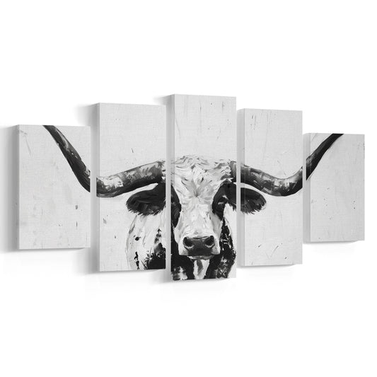 Black And White Longhorn Cow Portrait Knife Oil Paing V1, Mixed Panels Canvas Print Wall Art
