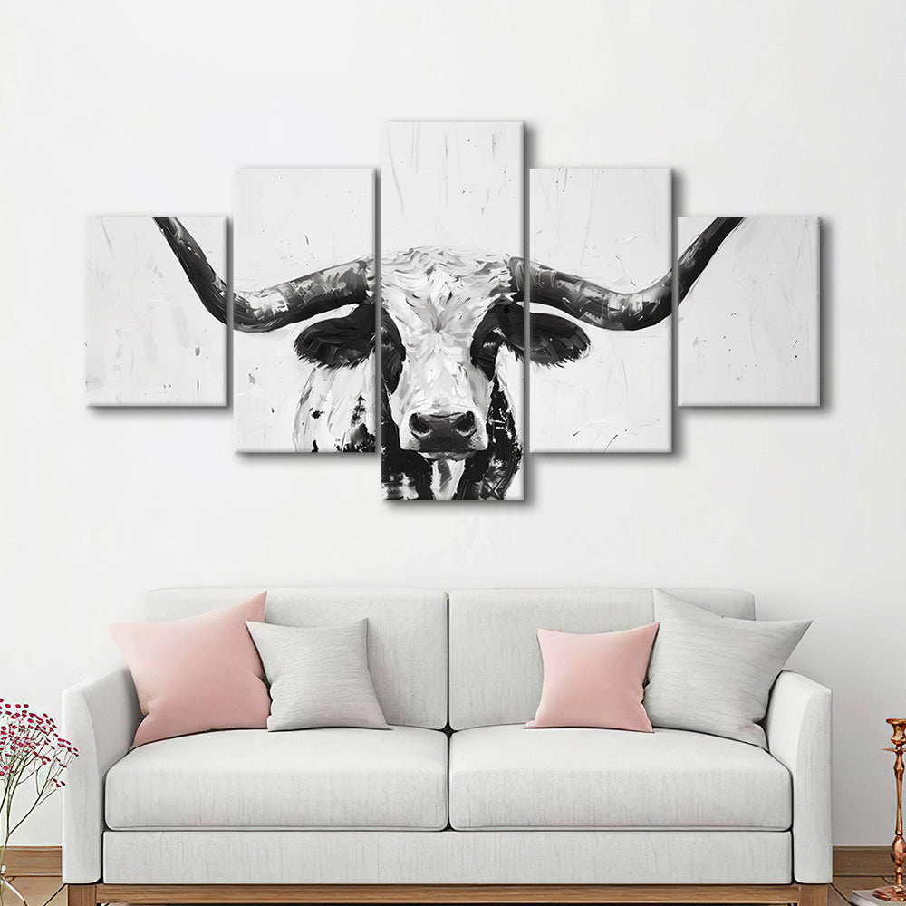 Black And White Longhorn Cow Portrait Knife Oil Paing V1, Mixed Panels Canvas Print Wall Art