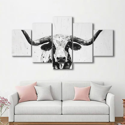 Black And White Longhorn Cow Portrait Knife Oil Paing V1, Mixed Panels Canvas Print Wall Art