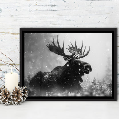 Black And White Moose Landscape Art, Framed Canvas Print, Painting Art, Floating Framed Canvas Print Wall Art