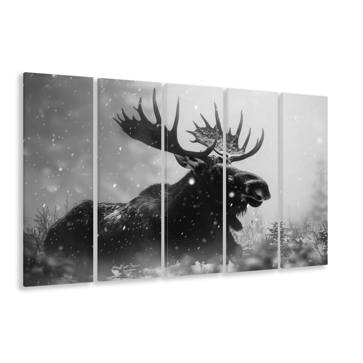 Black And White Moose Landscape Art, Canvas Art Print, Painting Art, Multi Panels Canvas Print Wall Art