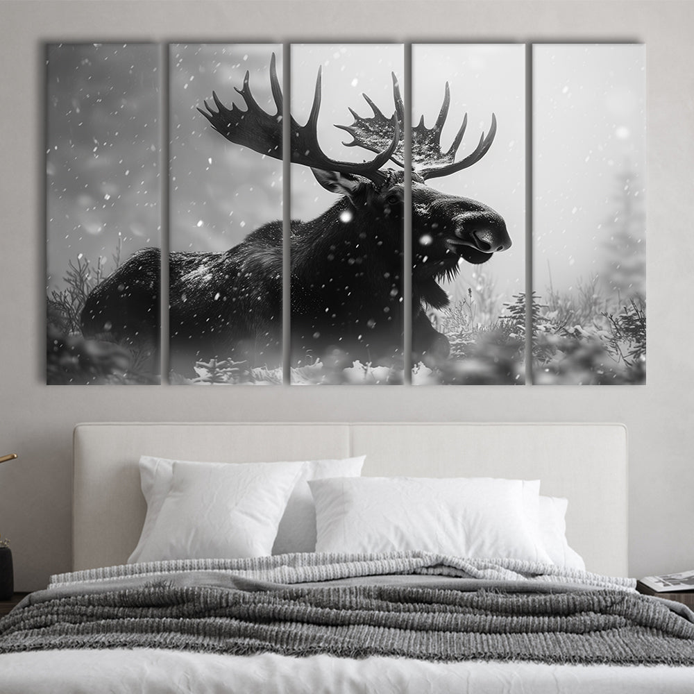 Black And White Moose Landscape Art, Canvas Art Print, Painting Art, Multi Panels Canvas Print Wall Art