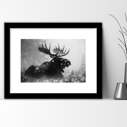 Black And White Moose Landscape Art, Framed  Print, Painting Art, Framed Art Print White Border Wall Decor