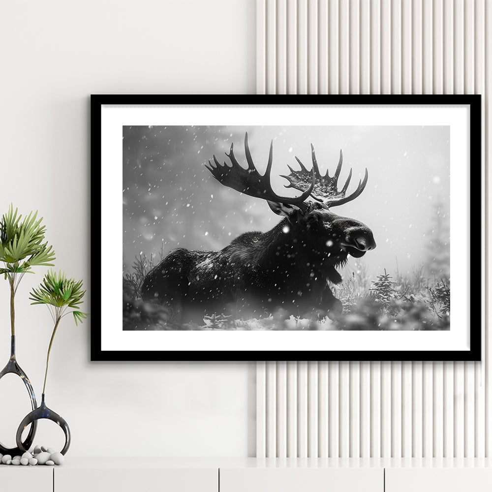 Black And White Moose Landscape Art, Framed  Print, Painting Art, Framed Art Print White Border Wall Decor