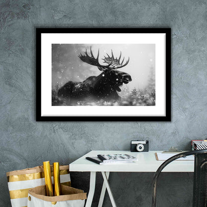 Black And White Moose Landscape Art, Framed  Print, Painting Art, Framed Art Print White Border Wall Decor