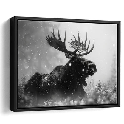 Black And White Moose Landscape Art, Framed Canvas Print, Painting Art, Floating Framed Canvas Print Wall Art