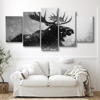 Black And White Moose Landscape Art, Canvas Art Decor Print, Painting Art, Mixed Panels Canvas Print Wall Art