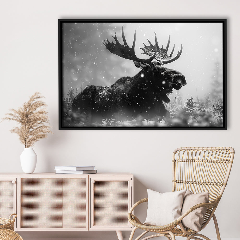 Black And White Moose Landscape Art, Framed Canvas Print, Painting Art, Floating Framed Canvas Print Wall Art