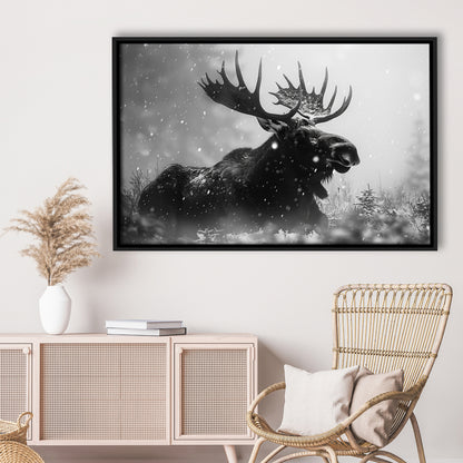 Black And White Moose Landscape Art, Framed Canvas Print, Painting Art, Floating Framed Canvas Print Wall Art