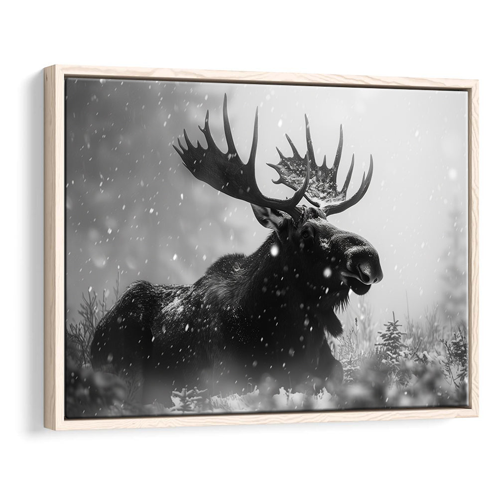 Black And White Moose Landscape Art, Framed Canvas Print, Painting Art, Floating Framed Canvas Print Wall Art