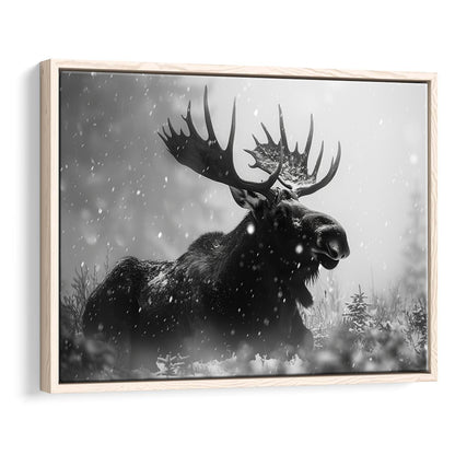 Black And White Moose Landscape Art, Framed Canvas Print, Painting Art, Floating Framed Canvas Print Wall Art