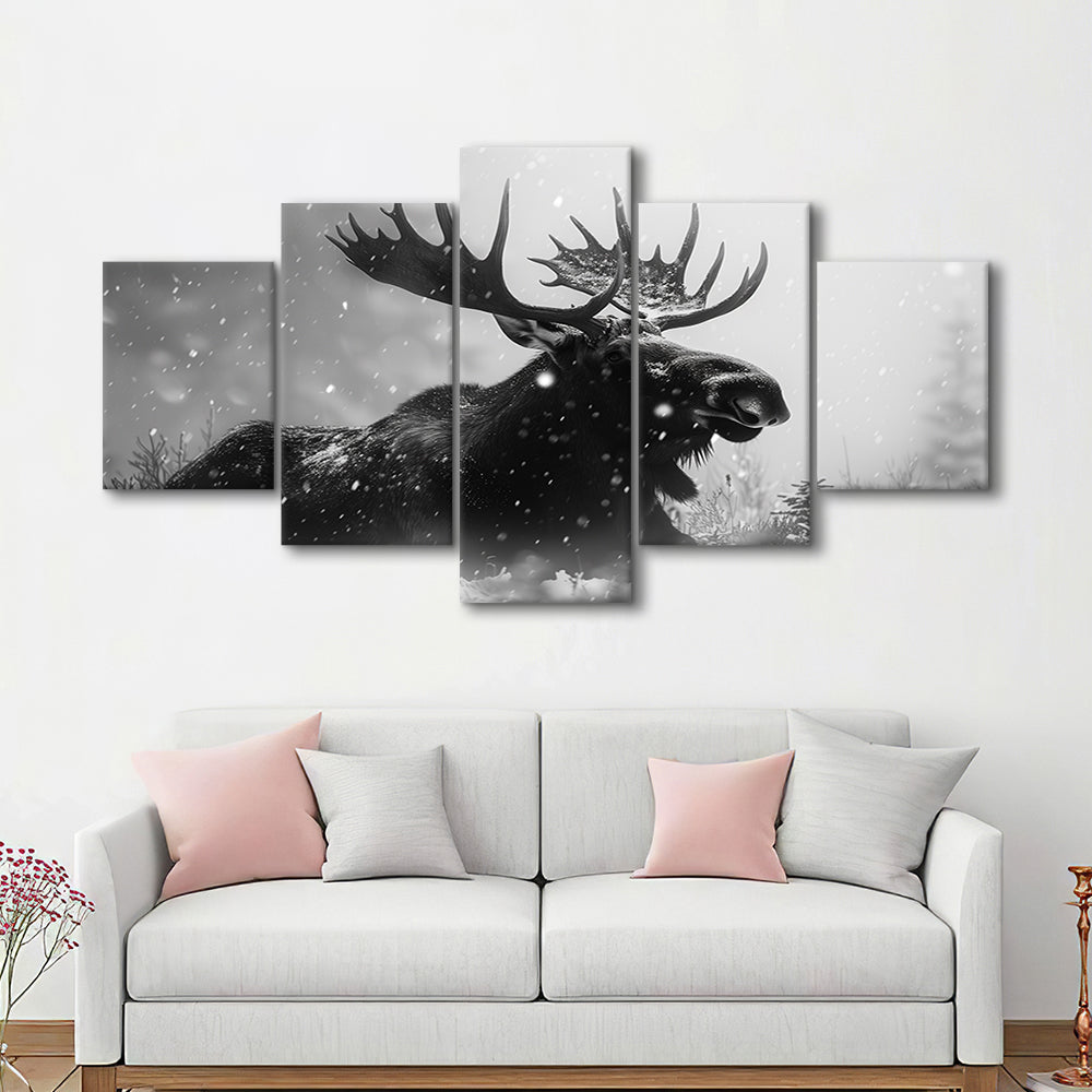 Black And White Moose Landscape Art, Canvas Art Decor Print, Painting Art, Mixed Panels Canvas Print Wall Art