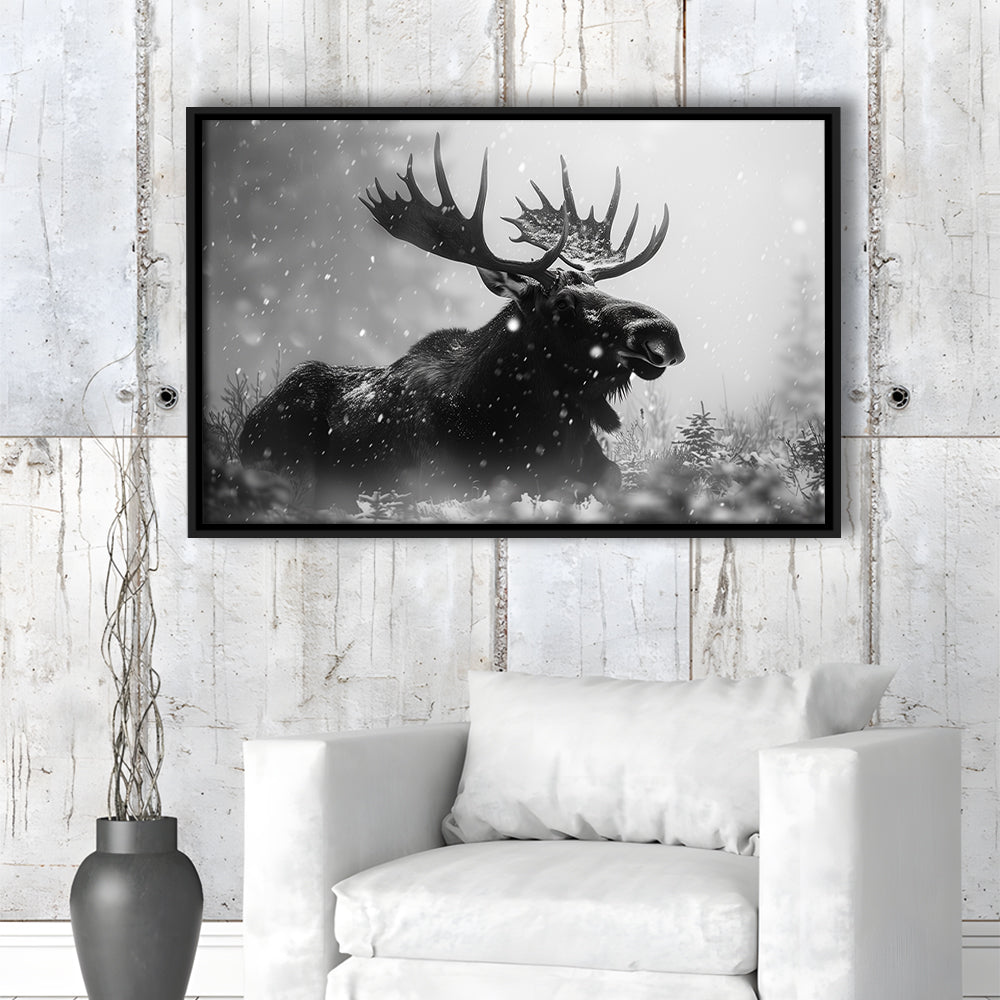 Black And White Moose Landscape Art, Framed Canvas Print, Painting Art, Floating Framed Canvas Print Wall Art