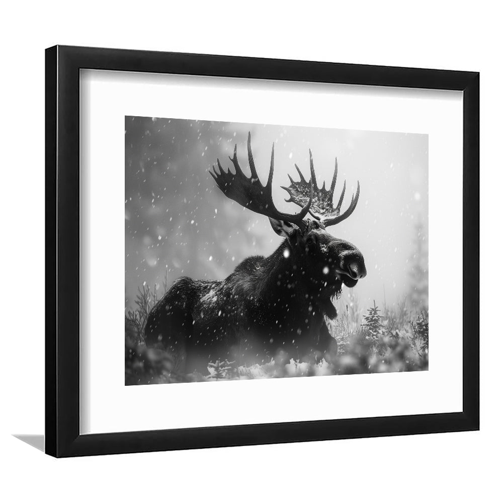 Black And White Moose Landscape Art, Framed  Print, Painting Art, Framed Art Print White Border Wall Decor