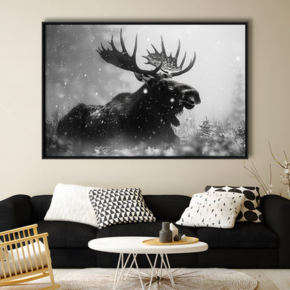 Black And White Moose Landscape Art, Framed Canvas Print, Painting Art, Floating Framed Canvas Print Wall Art
