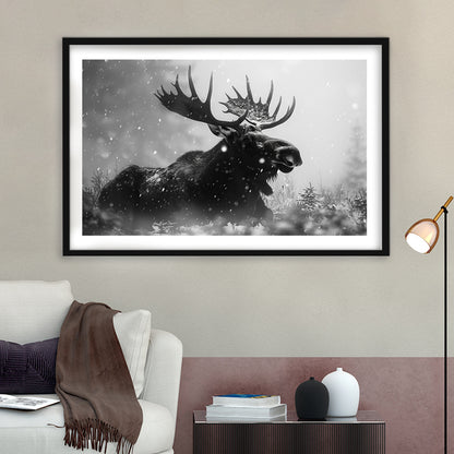 Black And White Moose Landscape Art, Framed  Print, Painting Art, Framed Art Print White Border Wall Decor