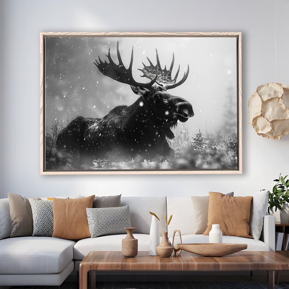 Black And White Moose Landscape Art, Framed Canvas Print, Painting Art, Floating Framed Canvas Print Wall Art