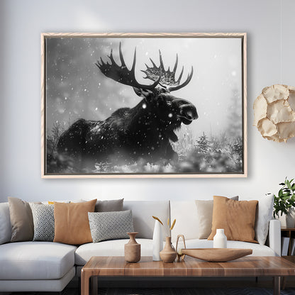 Black And White Moose Landscape Art, Framed Canvas Print, Painting Art, Floating Framed Canvas Print Wall Art