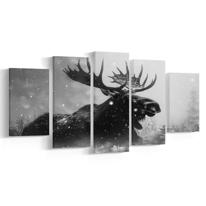 Black And White Moose Landscape Art, Canvas Art Decor Print, Painting Art, Mixed Panels Canvas Print Wall Art