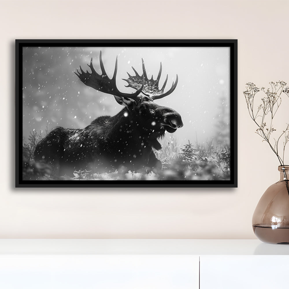 Black And White Moose Landscape Art, Framed Canvas Print, Painting Art, Floating Framed Canvas Print Wall Art