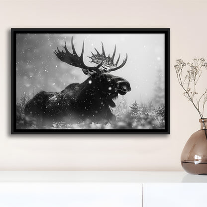 Black And White Moose Landscape Art, Framed Canvas Print, Painting Art, Floating Framed Canvas Print Wall Art