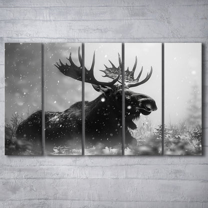 Black And White Moose Landscape Art, Canvas Art Print, Painting Art, Multi Panels Canvas Print Wall Art