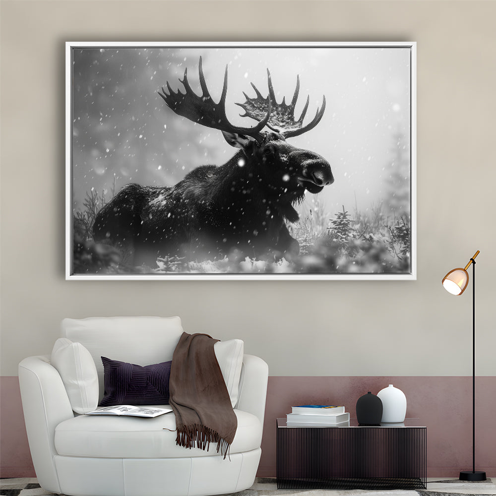 Black And White Moose Landscape Art, Framed Canvas Print, Painting Art, Floating Framed Canvas Print Wall Art