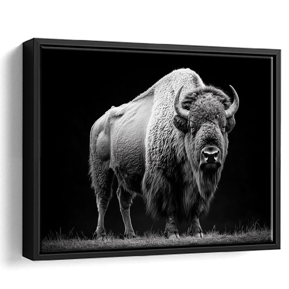 Black And White Photography Bison Portrait, Framed Canvas Print, Painting Art, Floating Framed Canvas Print Wall Art