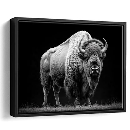 Black And White Photography Bison Portrait, Framed Canvas Print, Painting Art, Floating Framed Canvas Print Wall Art