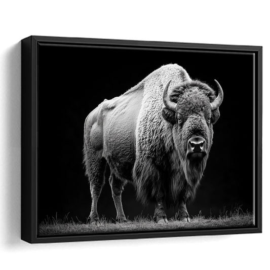 Black And White Photography Bison Portrait, Framed Canvas Print, Painting Art, Floating Framed Canvas Print Wall Art
