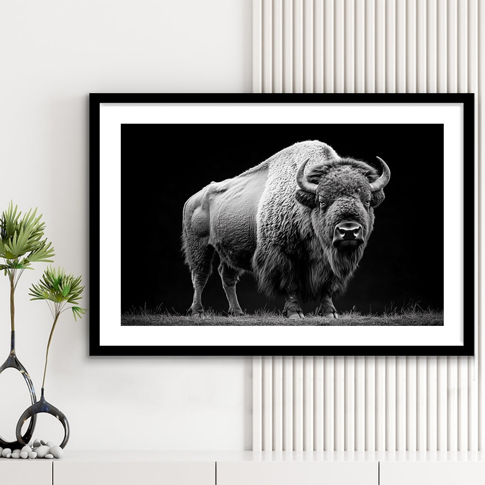 Black And White Photography Bison Portrait, Framed  Print, Painting Art, Framed Art Print White Border Wall Decor
