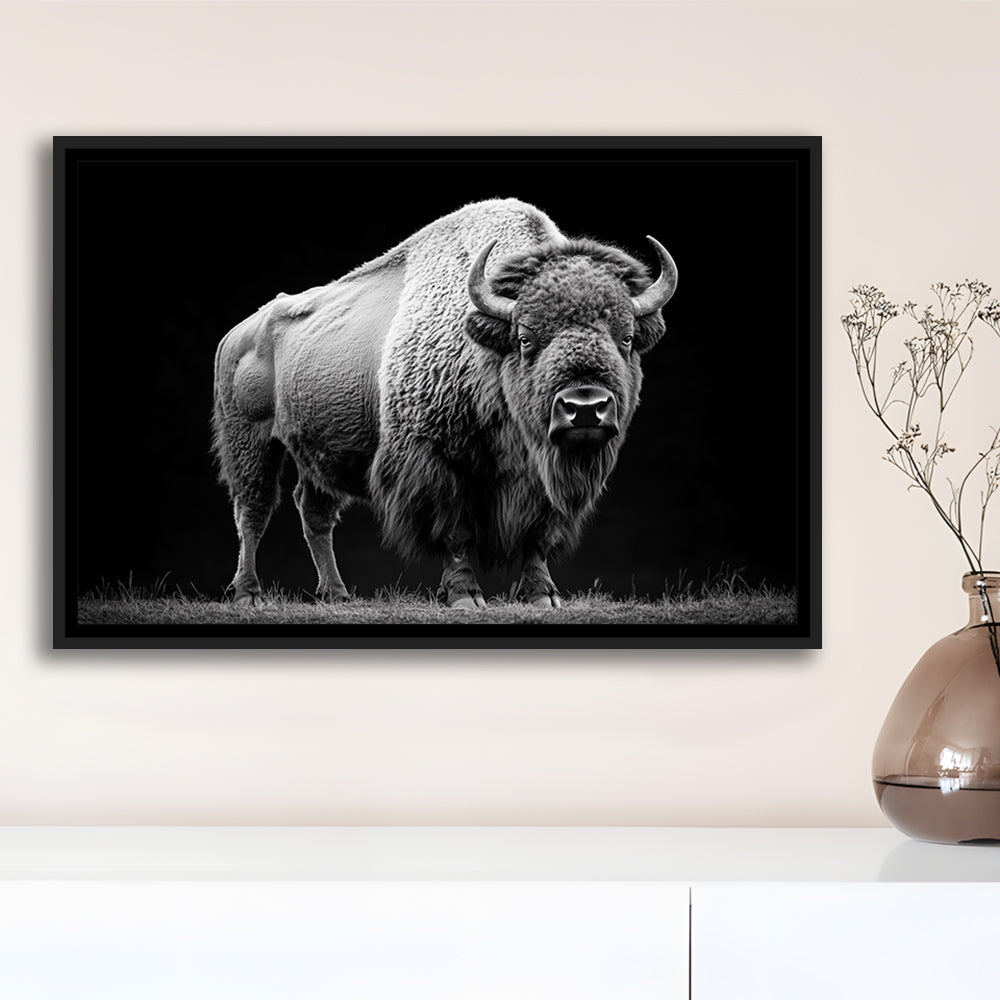 Black And White Photography Bison Portrait, Framed Canvas Print, Painting Art, Floating Framed Canvas Print Wall Art