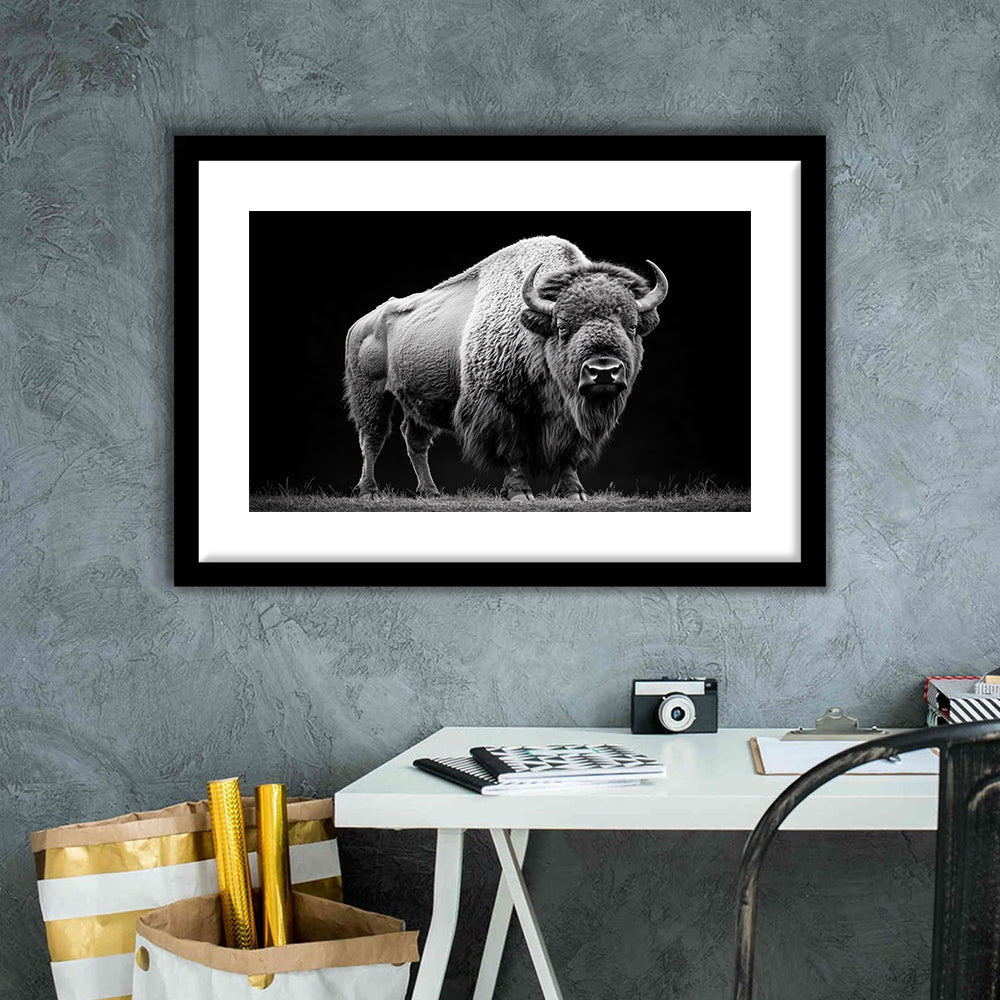Black And White Photography Bison Portrait, Framed  Print, Painting Art, Framed Art Print White Border Wall Decor