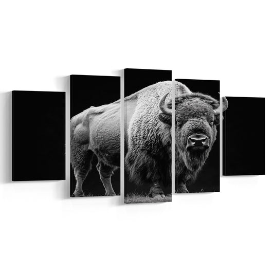Black And White Photography Bison Portrait, Canvas Art Decor Print, Painting Art, Mixed Panels Canvas Print Wall Art