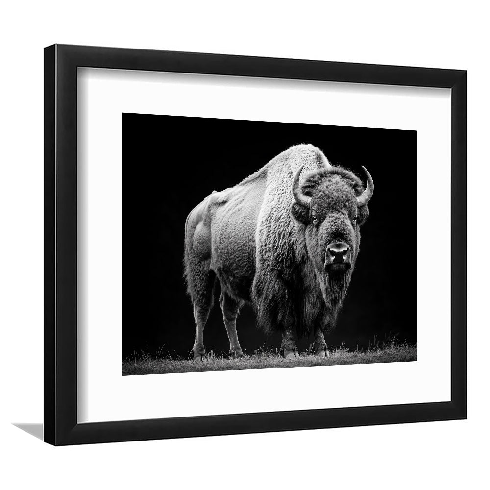 Black And White Photography Bison Portrait, Framed  Print, Painting Art, Framed Art Print White Border Wall Decor