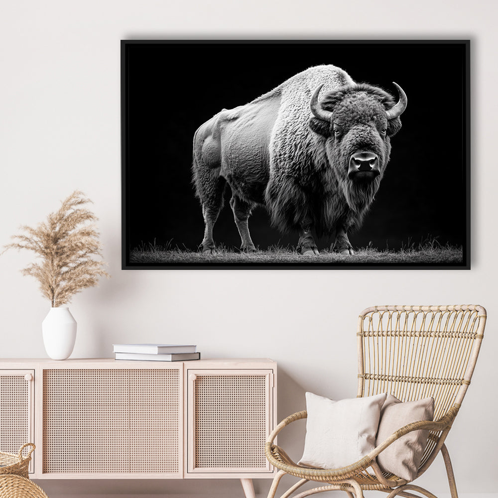 Black And White Photography Bison Portrait, Framed Canvas Print, Painting Art, Floating Framed Canvas Print Wall Art