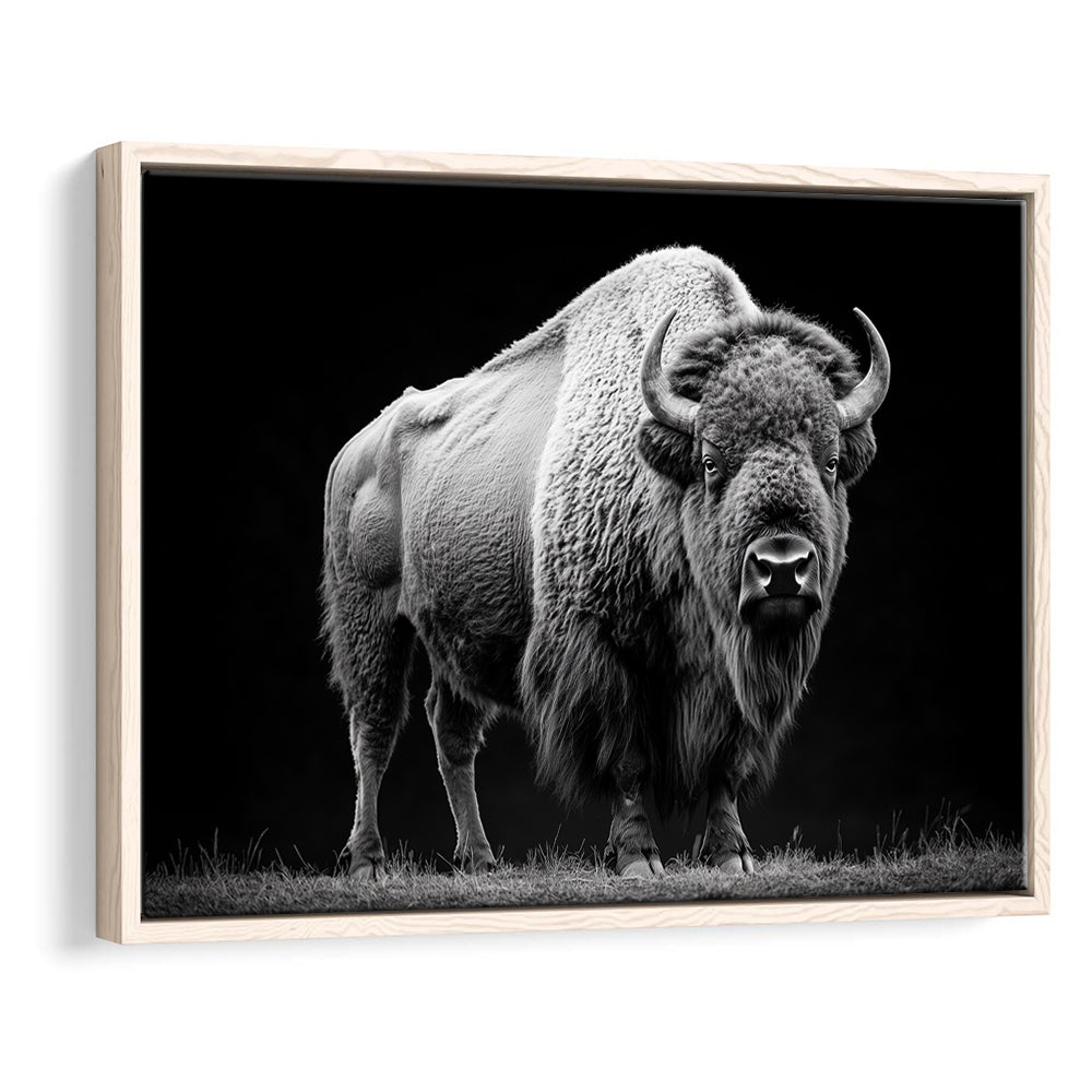 Black And White Photography Bison Portrait, Framed Canvas Print, Painting Art, Floating Framed Canvas Print Wall Art