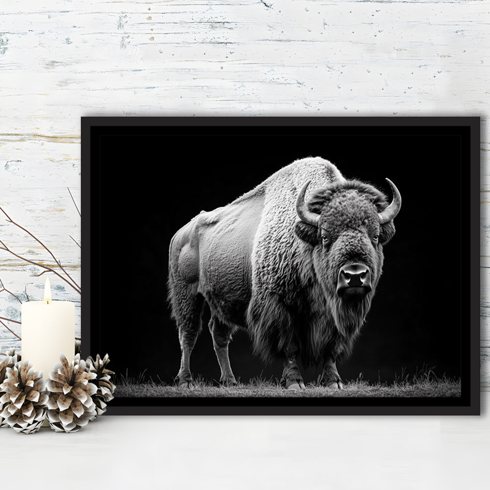 Black And White Photography Bison Portrait, Framed Canvas Print, Painting Art, Floating Framed Canvas Print Wall Art