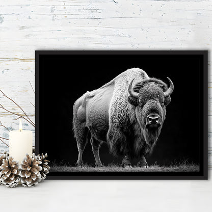 Black And White Photography Bison Portrait, Framed Canvas Print, Painting Art, Floating Framed Canvas Print Wall Art