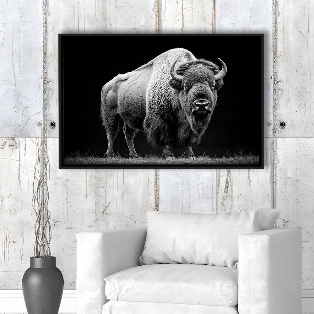 Black And White Photography Bison Portrait, Framed Canvas Print, Painting Art, Floating Framed Canvas Print Wall Art