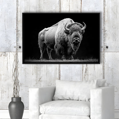 Black And White Photography Bison Portrait, Framed Canvas Print, Painting Art, Floating Framed Canvas Print Wall Art