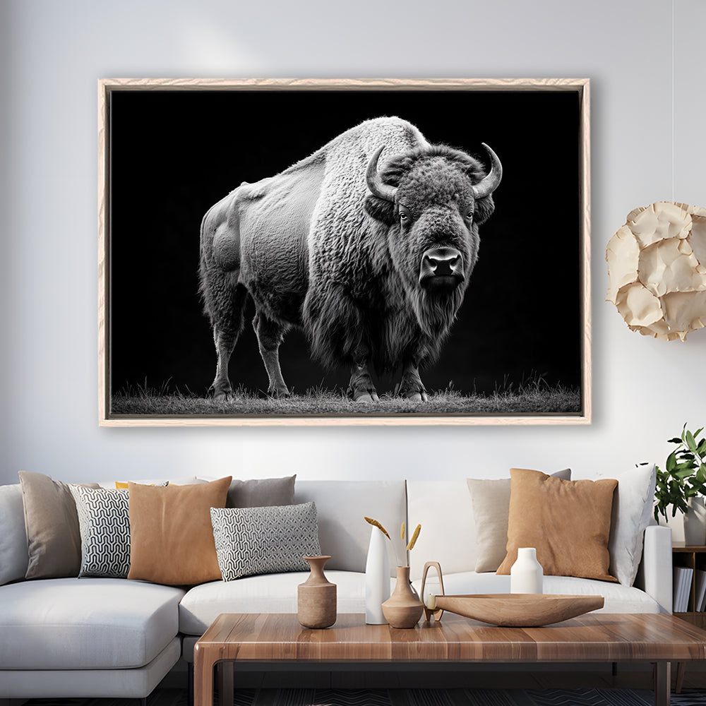 Black And White Photography Bison Portrait, Framed Canvas Print, Painting Art, Floating Framed Canvas Print Wall Art