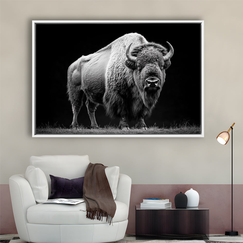Black And White Photography Bison Portrait, Framed Canvas Print, Painting Art, Floating Framed Canvas Print Wall Art