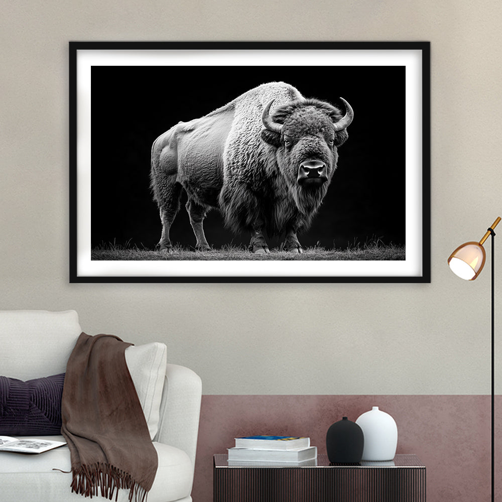 Black And White Photography Bison Portrait, Framed  Print, Painting Art, Framed Art Print White Border Wall Decor