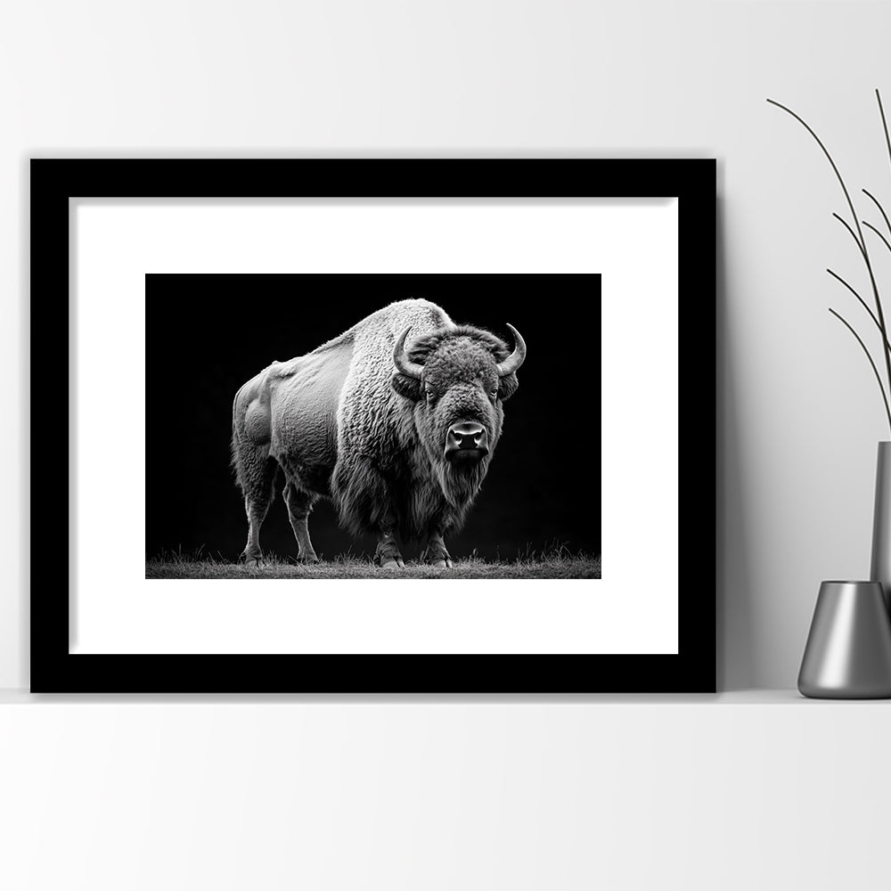 Black And White Photography Bison Portrait, Framed  Print, Painting Art, Framed Art Print White Border Wall Decor