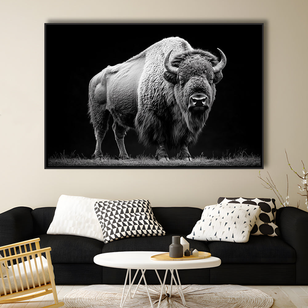 Black And White Photography Bison Portrait, Framed Canvas Print, Painting Art, Floating Framed Canvas Print Wall Art